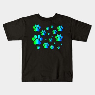 Blue Green Ombre Pawprint Pattern Kids T-Shirt